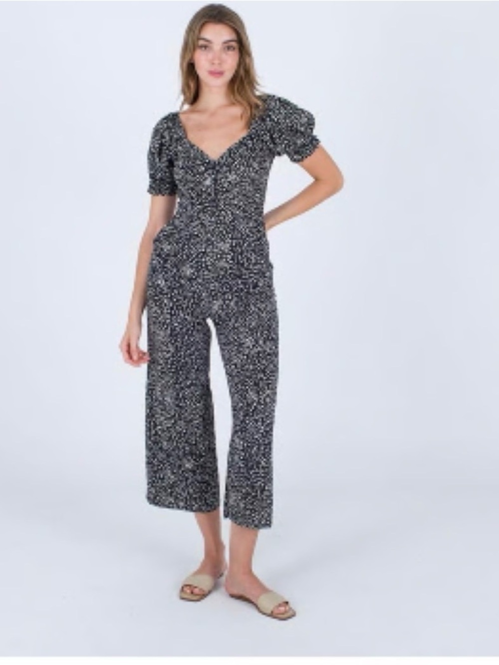Hurley Black White Puff Sleeve Wide Leg Jumpsuit Size XL